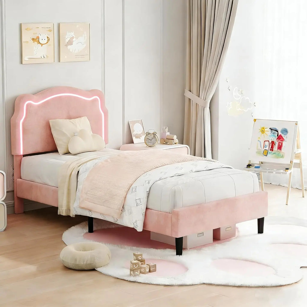 Velvet Upholstered Princess Bed Frame RGB LED Smart Light Adjustable Bear Headboard Wooden Slat Support Twin Pink Kids