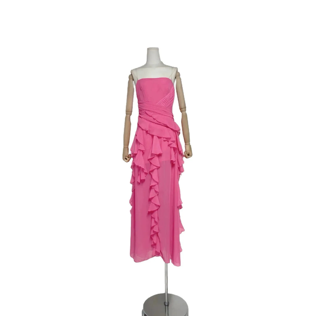 2026 Summer American Elegant Temperament Fashion Ruffled Splicing Sleeveless Strapless Irregular Split Chiffon Long Dress Women