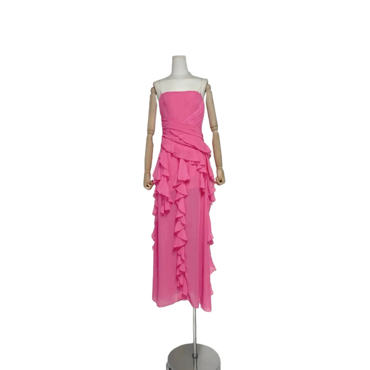 2026 Summer American Elegant Temperament Fashion Ruffled Splicing Sleeveless Strapless Irregular Split Chiffon Long Dress Women