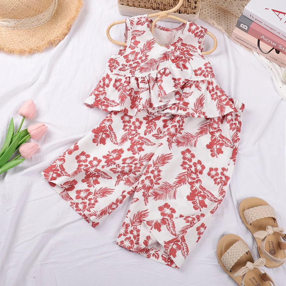 Girls Retro Floral Top & Wide-Leg Pants Two-Piece Set