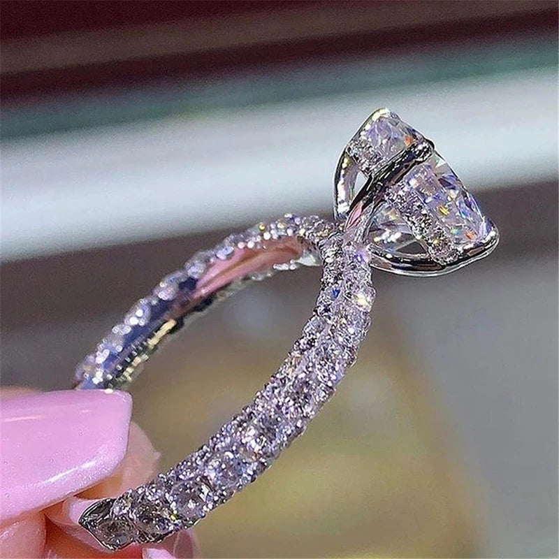 Exquisite Silver Color Engagement Ring For Women With White Zircon Stones Elegant Bridal Jewelry For Anniversary