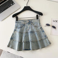 Korean Fashion Preppy Style Denim Skirt Women Slim High Waist Ruffled Layered Hem Vintage Slim Fit Mini Skirt Casual Y2K Clothes