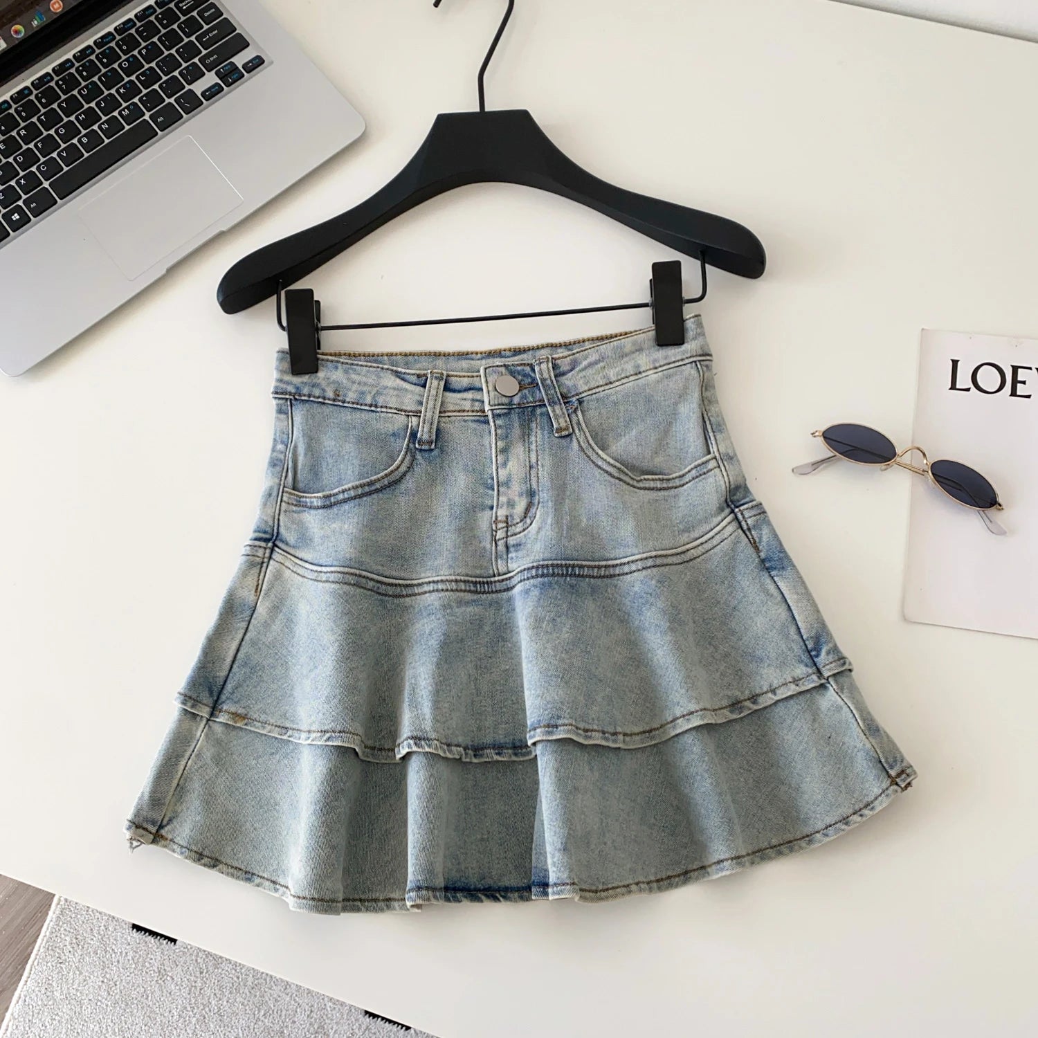 Korean Fashion Preppy Style Denim Skirt Women Slim High Waist Ruffled Layered Hem Vintage Slim Fit Mini Skirt Casual Y2K Clothes
