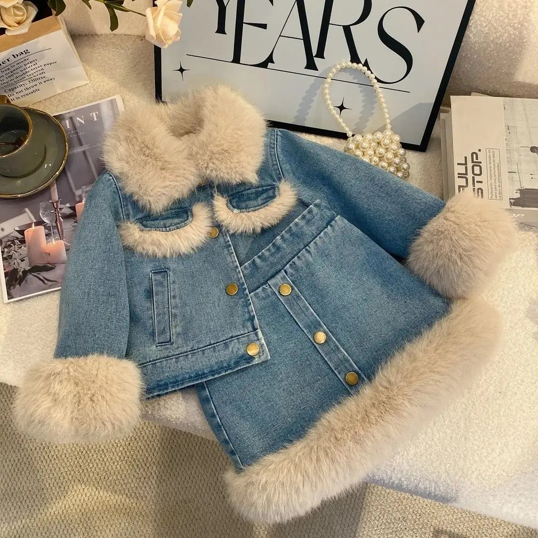 Girls Fleece-Lined Winter 2-Piece Set – Korean Style Denim Jacket & Skirt Outfit for Toddlers 2-6 Years baby girl outfit set