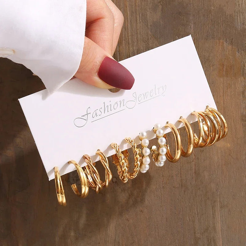 New Gold Color Vintage Geometry Pearl Earrings Set Metal Twine Square Dangle Earring Round For Women'S Trendy Jewelry
