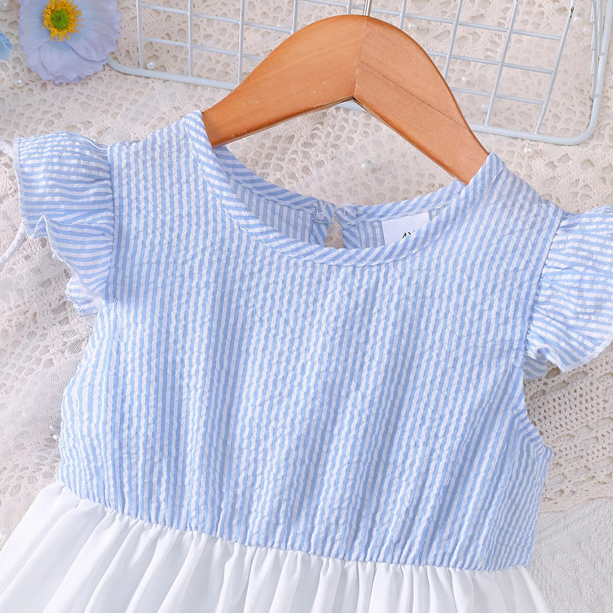 2Pcs/Set Summer Girls' Dress with Striped Small Floral Patchwork Design Dress+Mini Bag Set, Fashion Dress for Girls 2-7 Years