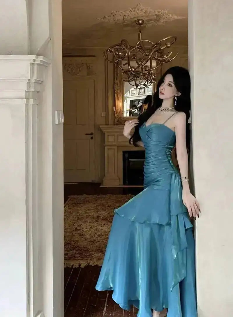 LGRQ 2026 Summer Blue Niche Strap Dress Fishtail Elegant Long Dresses Solid Color Female Elegant Party Gown 19DA2013