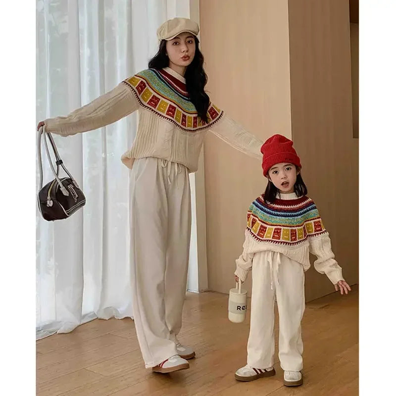 Women Sweater Print Family Daughter Matching Equal Mother Same Knit Top Pullover Baby Knitwear Clothes Knitted Jumper Holiday