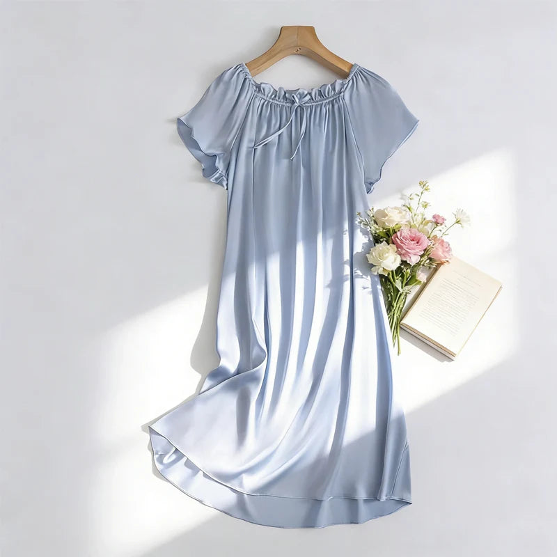 Women's Summer Casual Clothing 100% Natural Mulberry Silk Plain Satin Loose Short Sleeved Solid Color Princess Nightdress