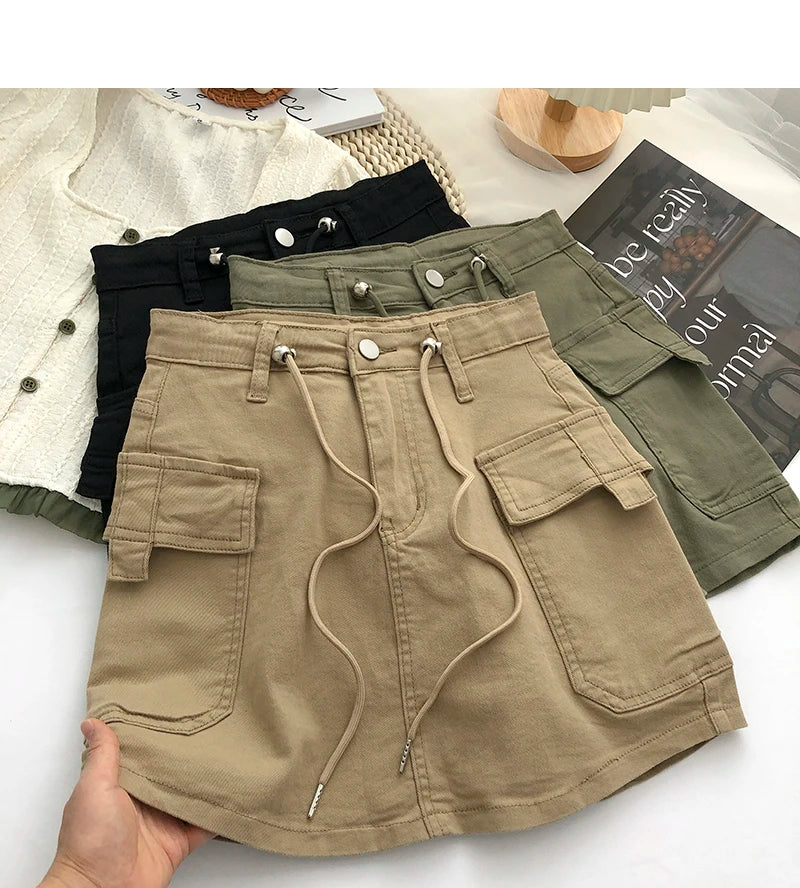 Retro High Waist Denim  Skirt Women's Spring Summer Autumn Casual Drawstring Anti-Light Short Skirt Polyester Fiber