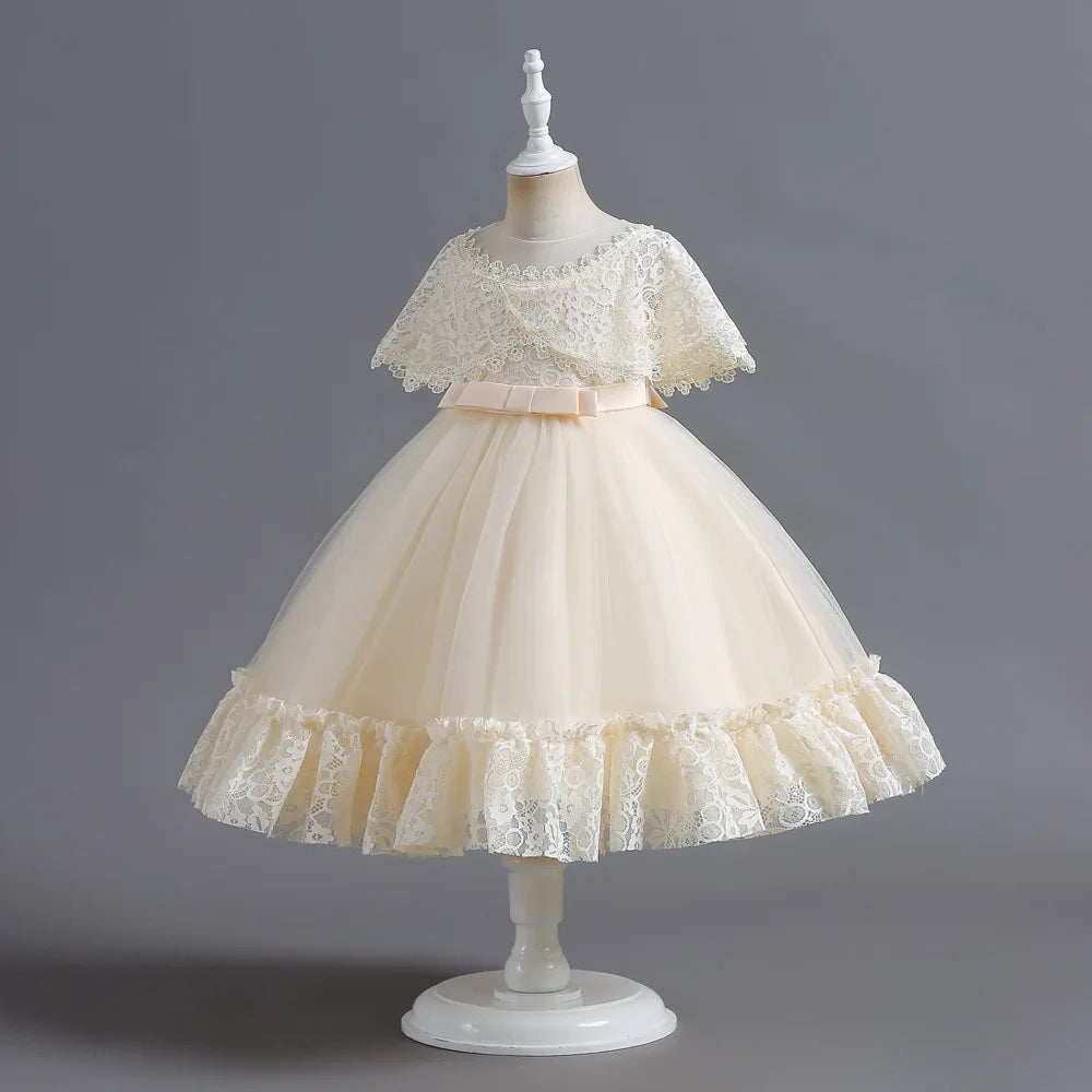 Criss-Cross Lace Girl Bridesmaid Dresses For Christmas White Kid's Party Dress Beading Tulle Children's Ceremony Evening Frocks