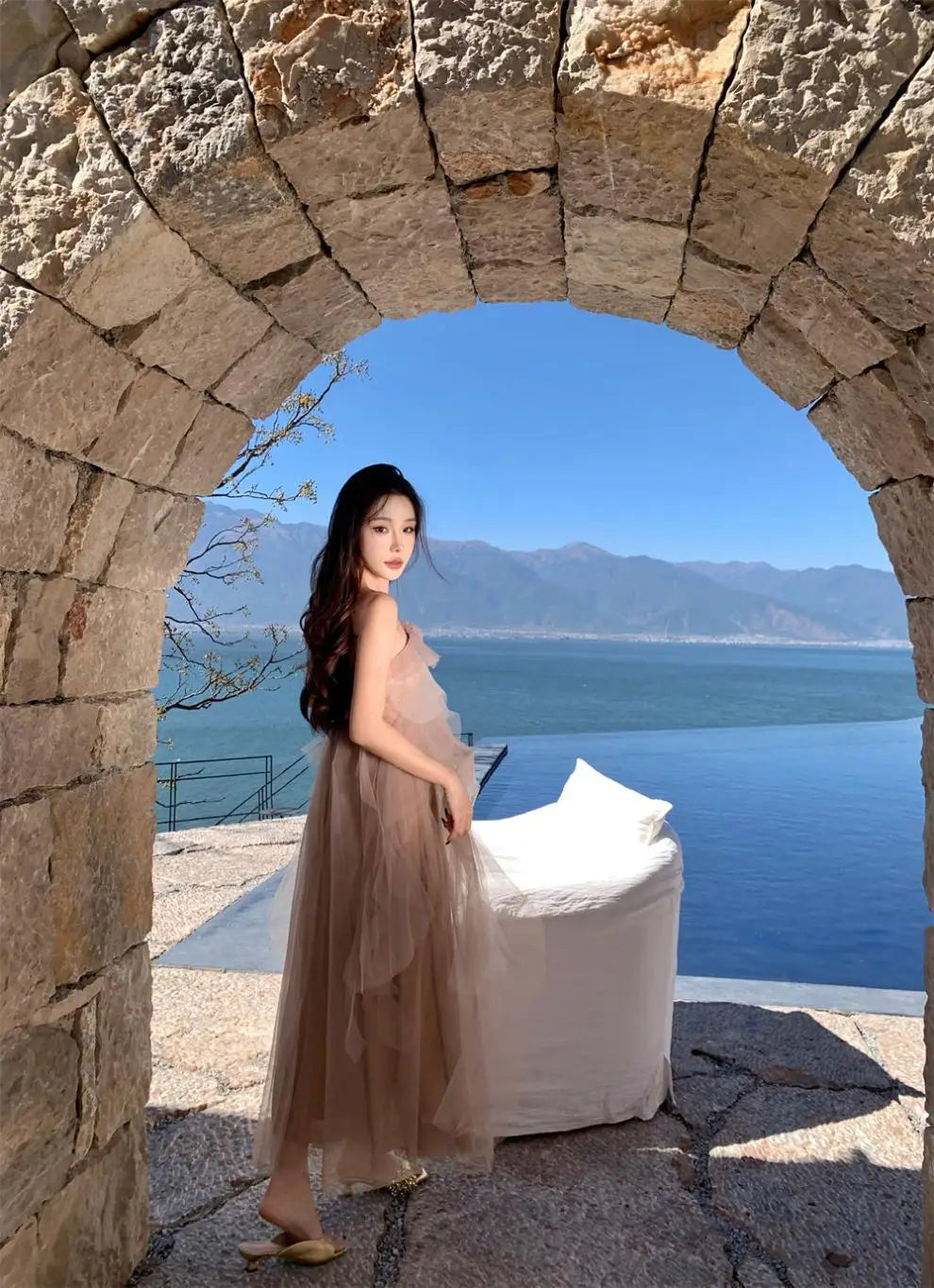 French Style plus Size Long Asymmetrical Shoulder Women's Dress Spring 2026 New Net Skirt High Waist Suede Fabric Casual Stre...