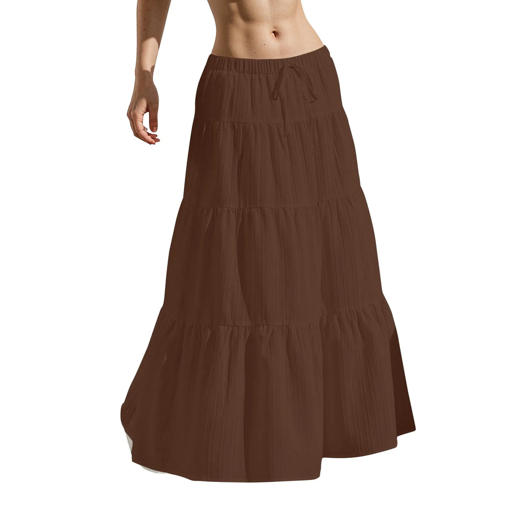 Women's Flared Ruffle Hem Maxi Skirt Fashion Women Solid Long Skirts Elastic Waist Elegant Long Skirt Spring Summer Cake Dress