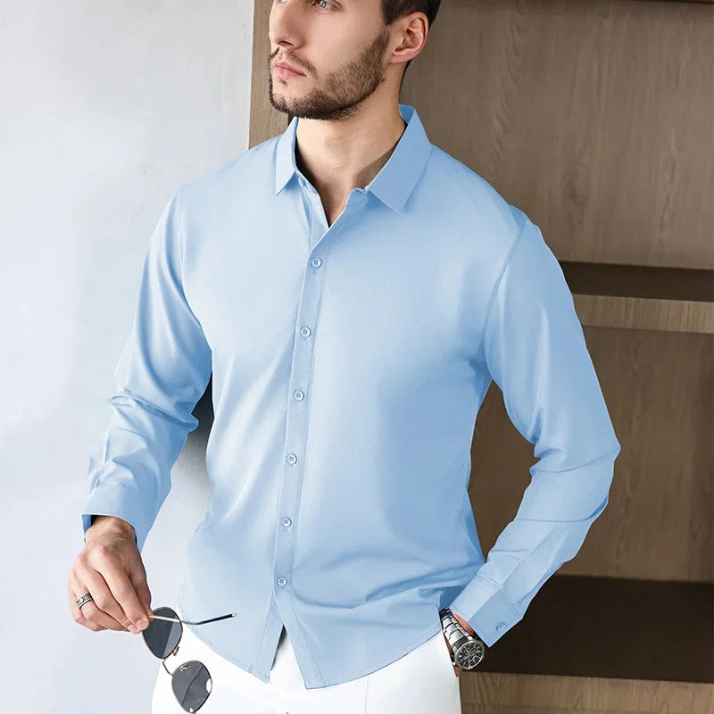 New Men'S Business Casual Long Sleeved Solid Color Shirt Wrinkle Resistant Wrinkle Free Comfortable All Season Versatile Top