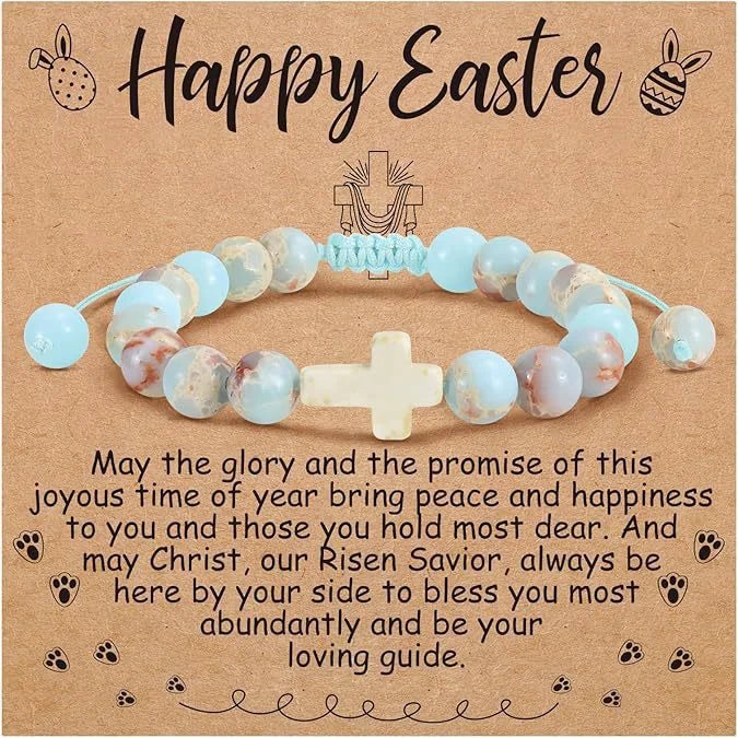 Pulsera de cruz para mujer, ajustable, con cuentas de piedra natural, joyería de fe cristiana para uso diario