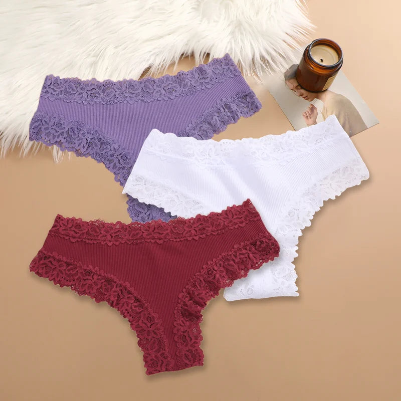 Women Cotton Panties Set 3 Pieces Floral Lace Patchwork Briefs Breathable Soft Underwear Size S XL