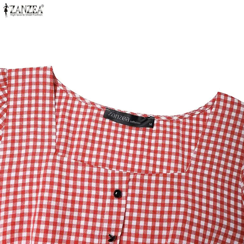 Woman Vintage Suqare Neck Gingham Knee-Length Dress Casual Puff Sleeves Ruffled Hem Dresses ZANZEA Summer Daily Wear Vestidos