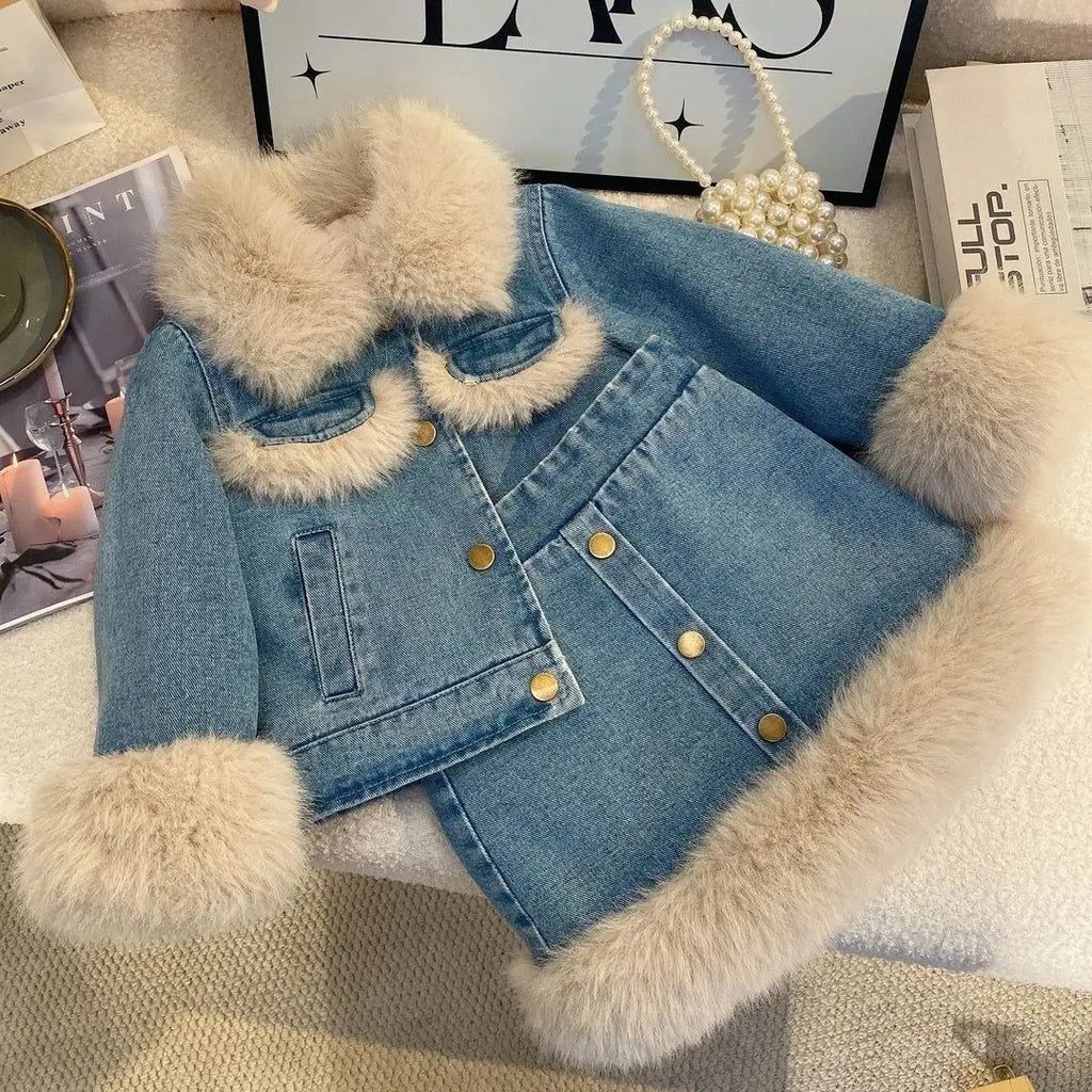 Girls Fleece-Lined Winter 2-Piece Set – Korean Style Denim Jacket & Skirt Outfit for Toddlers 2-6 Years baby girl outfit set