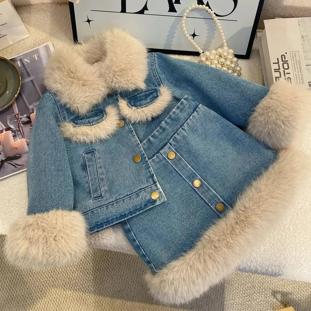 Girls Fleece-Lined Winter 2-Piece Set – Korean Style Denim Jacket & Skirt Outfit for Toddlers 2-6 Years baby girl outfit set