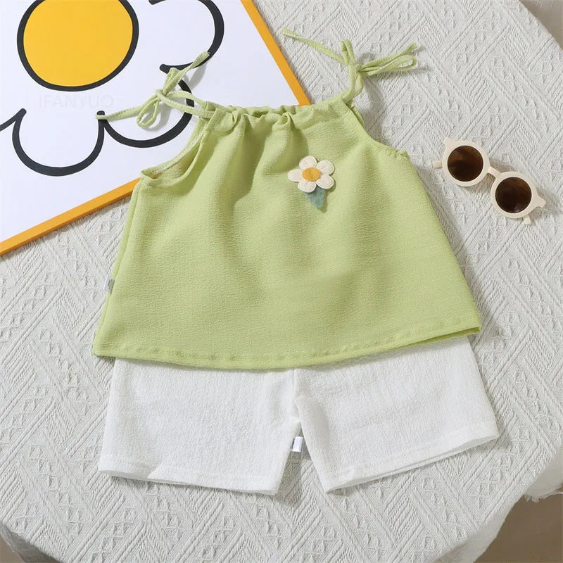 Korean Floral Vest & Shorts Two-Piece Set for Girls