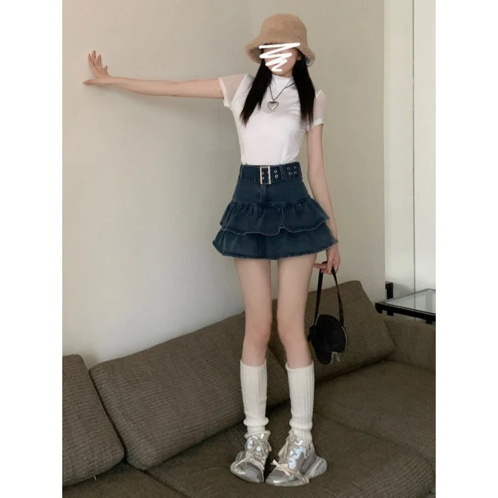 High Waist Short Denim Skirt Women's Summer Dopaamine Design Slimming A-Line Skirt with Lace Trim Super Short Casual Skirt