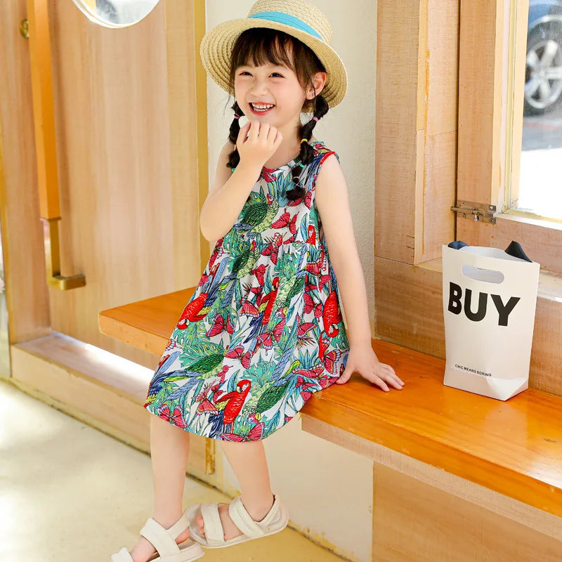 2026 Summer Girls Strapless Dress Baby Poplin Sling Dress Children Floral Pattern Dress Kids Casual Nightdress