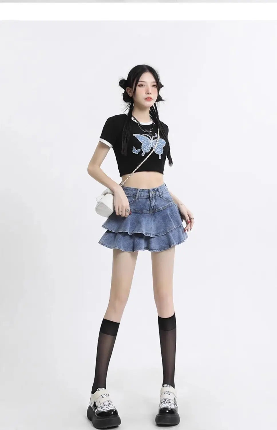 Women's Double Layer Ruffled Denim Mini Skirt With Heart Chain Decoration