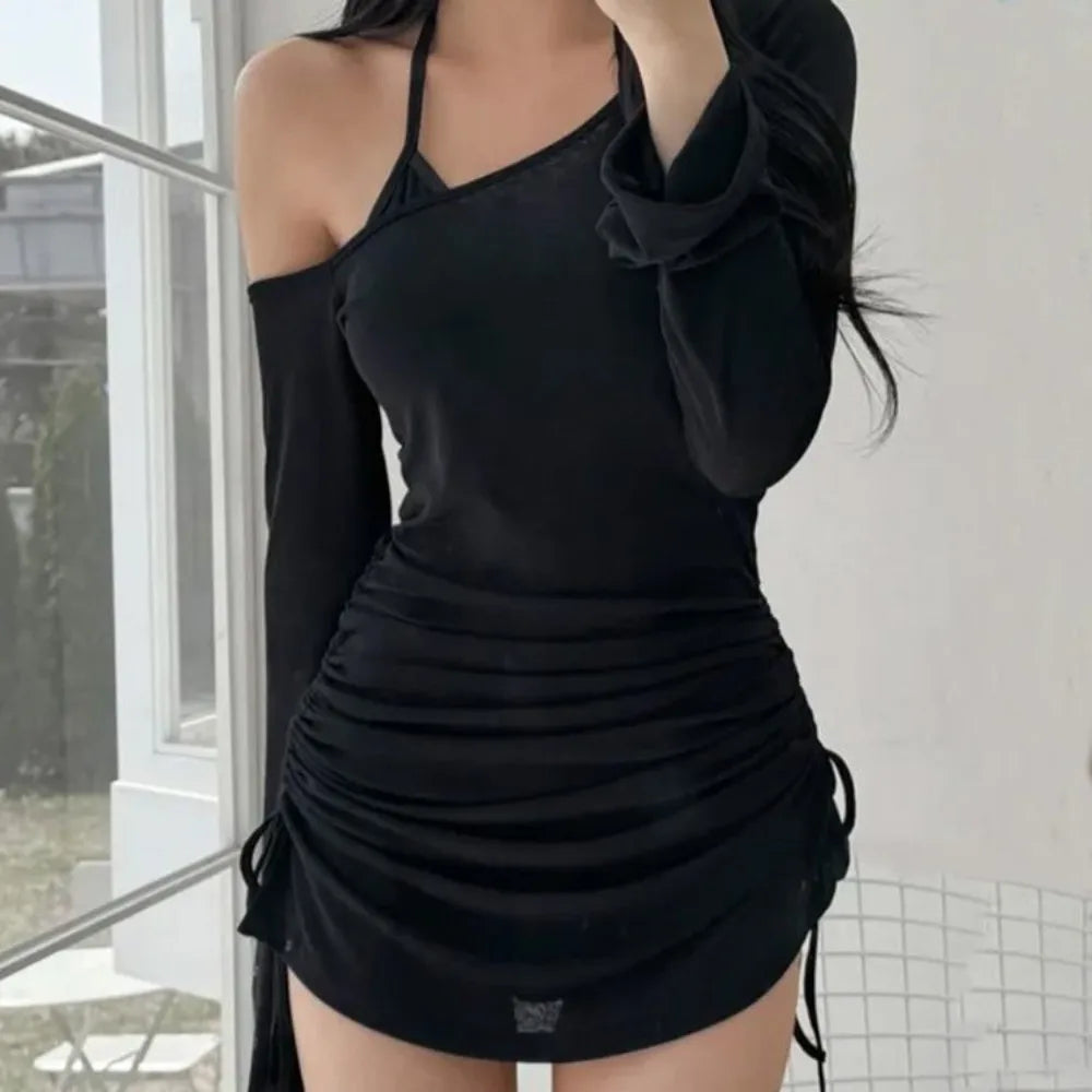 Fashion Solid Color Swimsuit Coverup Lace-Up Skew Collar Drawstring Dress See Through Party Clubwear Dress Beach Party