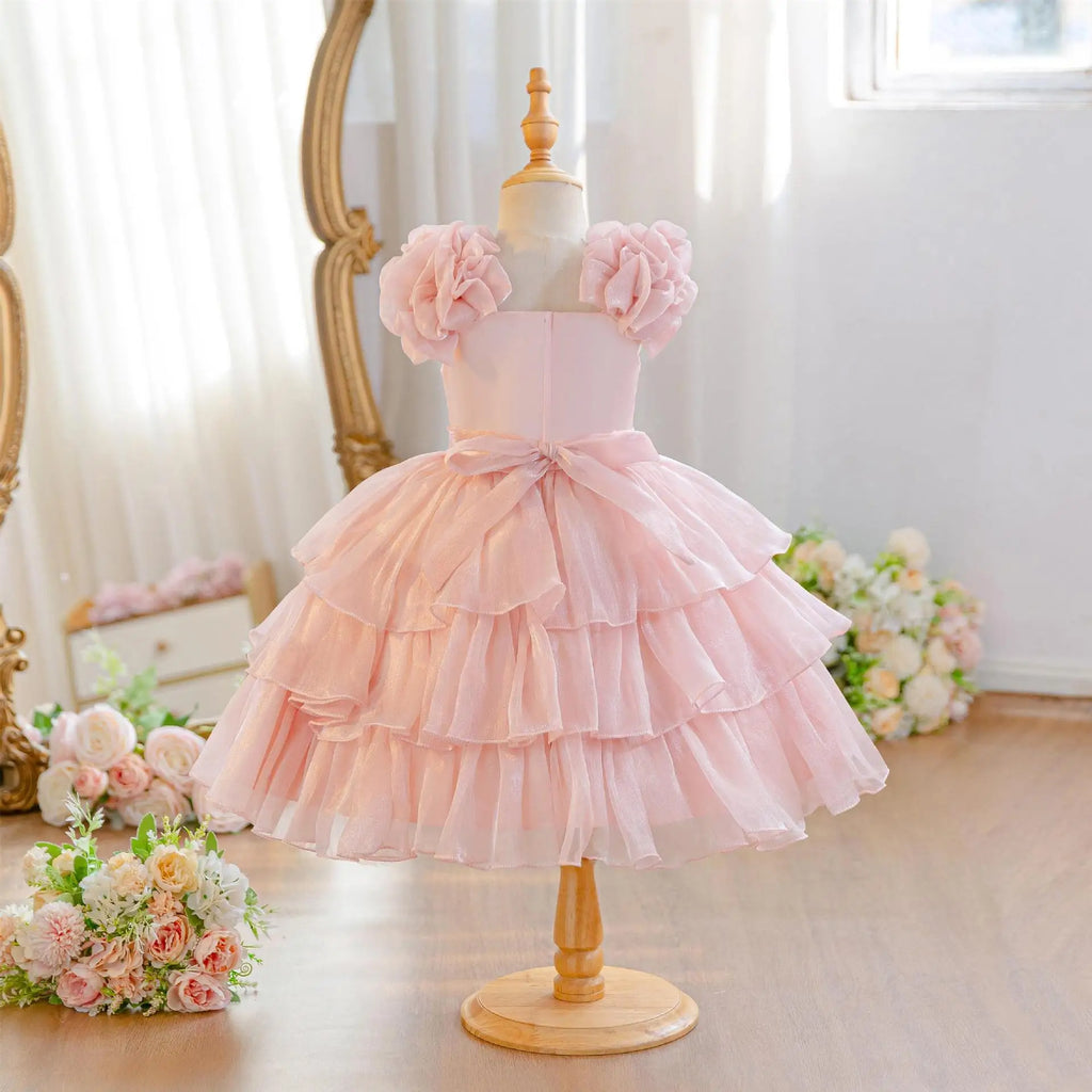 HETISO Baby Girls Summer New Version Layered Dresses Children's One Year Princess Sequined Pink Wedding Party Ball Gown 1-5Y