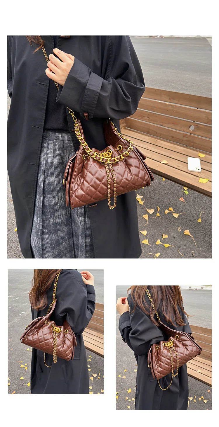 Quilted shoulder underarm bag, large-capacity hobo bag, bucket drawstring chain crossbody bag, women's handbag