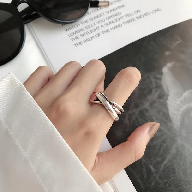 Panjbj 925 Sterling Silver Lines Ring For Women'S Jewelry Finger Adjustable Open Vintage For Birthday Dropship