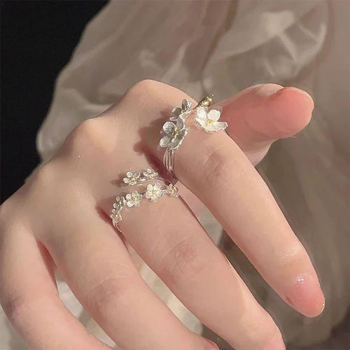 Adjustable Flower Ring For Women Delicate Flower Opening Silver Minimalist Engagement Jewelry Gift For Her
