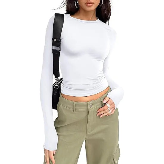 1pcs Woman Clothing Long Sleeve T-shirt Slim Fit Top Female O-Neck Knitted Sheath Tee Shirt Street Wear Sexy Sport Solid Tshirt