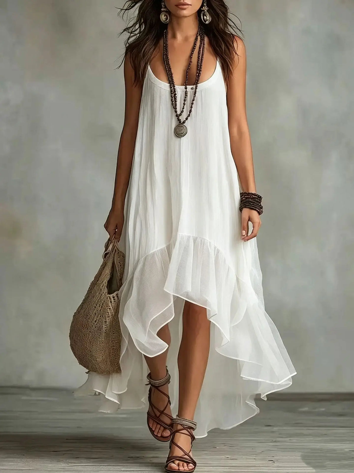 Casual Beach Backless Asymmetrical Dress Womens Boho Solid Maxi Dress Sleeveless Spaghetti Strap High Low Ruffle Hem Flowy Dress