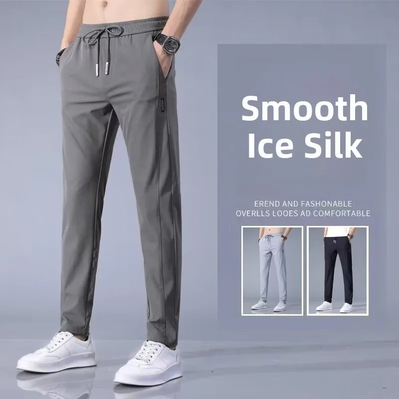 Men'S Summer Ice Silk Sporty Thin Straight Leg Long Pants Elastic Casual Trousers Large Size Versatile Youth Fashionable