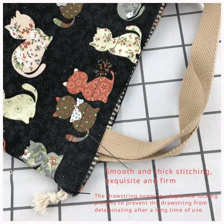 Japanese Cute Bento Bag Tote Canvas Lunch Bags Cartoon Anime Drawstring Bag Foldable Holds Two Lunch Boxes
