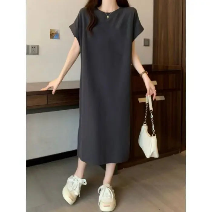 Women Cotton T-Shirt Dress Crew Neck Short Sleeve Loose Split Side Summer Casual Maxi Dress