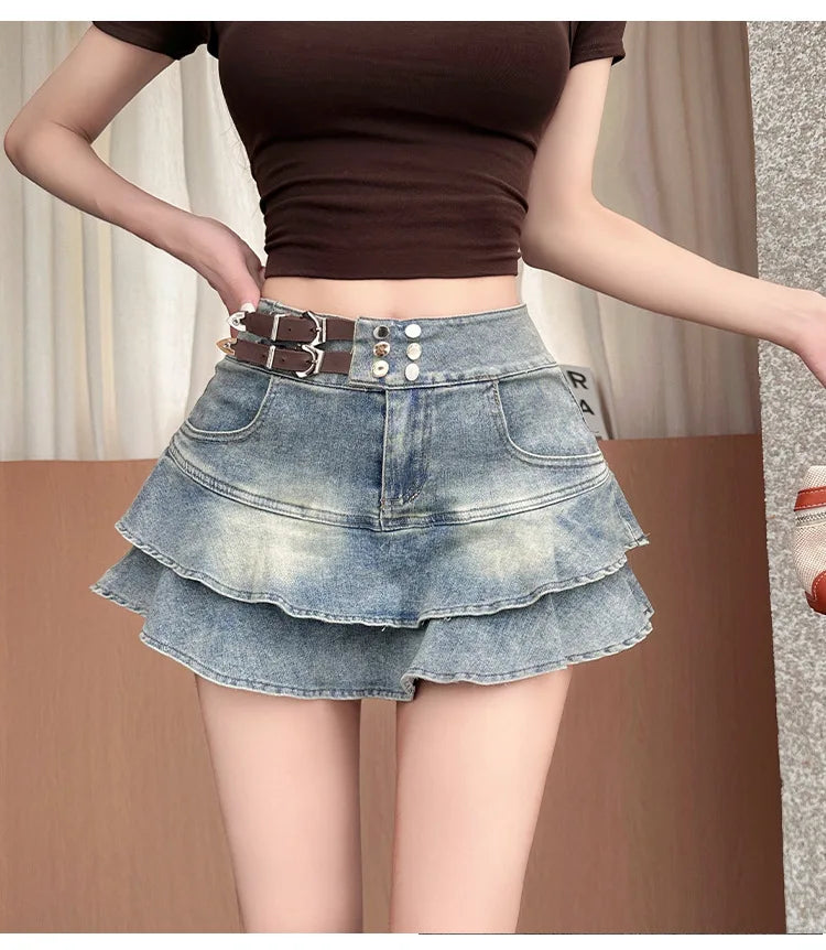 2026 American Pure Desire Spicy Girl Design Elastic Denim Skirt Half-length Pleated Cake Skirt Short Commute High Elasticity