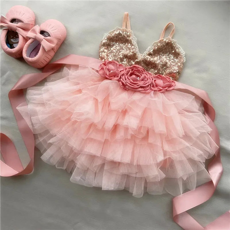 New Born Baby Girls Birthday Dress for Kids Xmas Toddle Party Gown Gold Sequined Layered Tutu Dress Children New Year Clothing