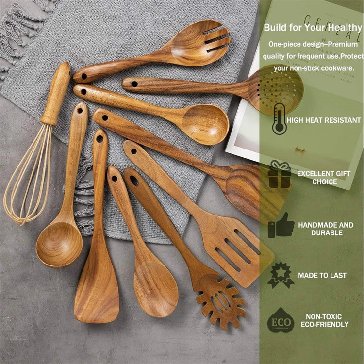 LMETJMA 10 Unidades de Utensilios de Cocina de Madera de Teca Natural, Juego de Cucharas y Espátulas de Madera para Cocinar y Hornear JT503