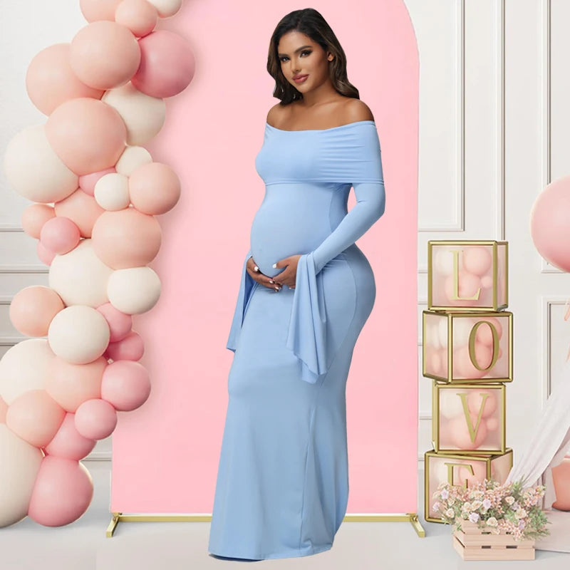 Off - Shoulder Bodycon Maternity Maxi Gown | Baby Shower Photoshoot