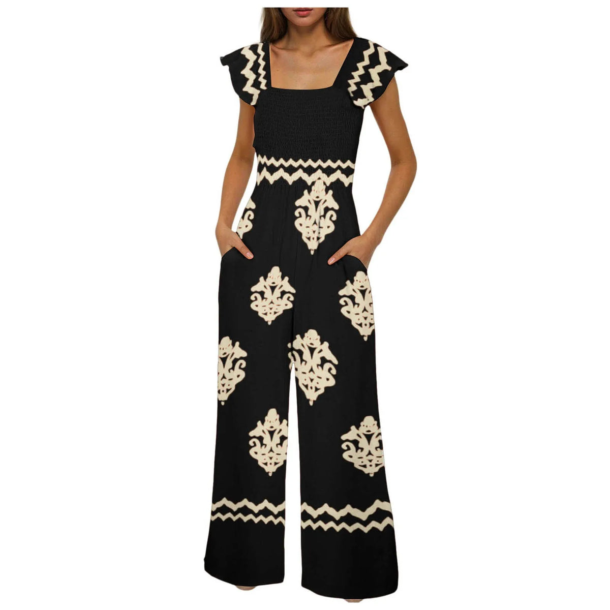 Womens Beach Vacation Tight Jumpsuits Boho Retro Print Cap Sleeve High Waist Wide Leg Romper With Casual Jumpsuits With Pockets