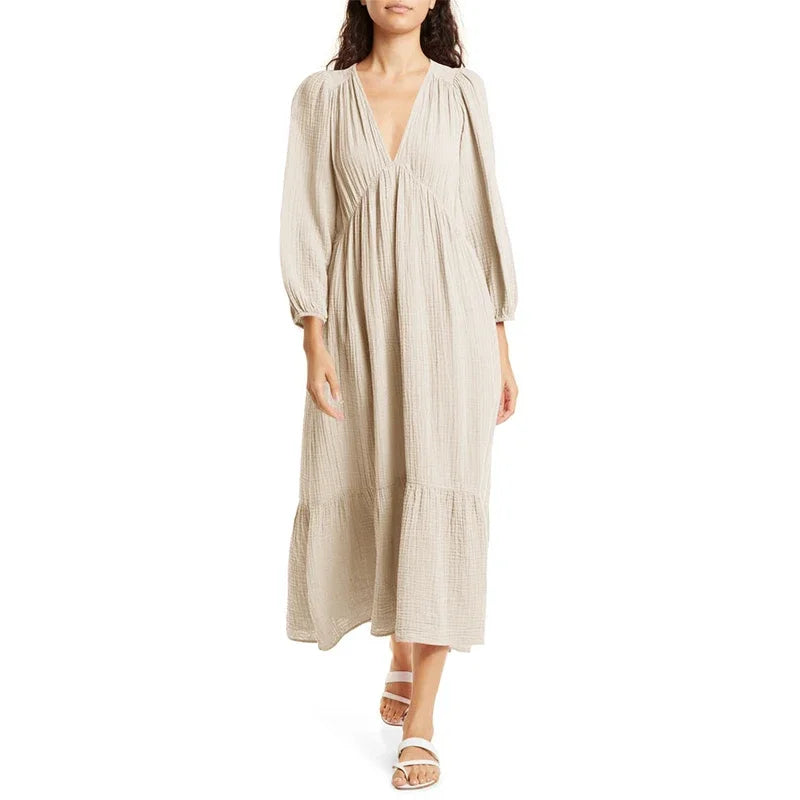 Muslin 100% Cotton Long Sleeve Dresses For Women Sexy V-Neck Solid Women'S Elegant Loose Dresses Chic Maxi Birthday Party Dress