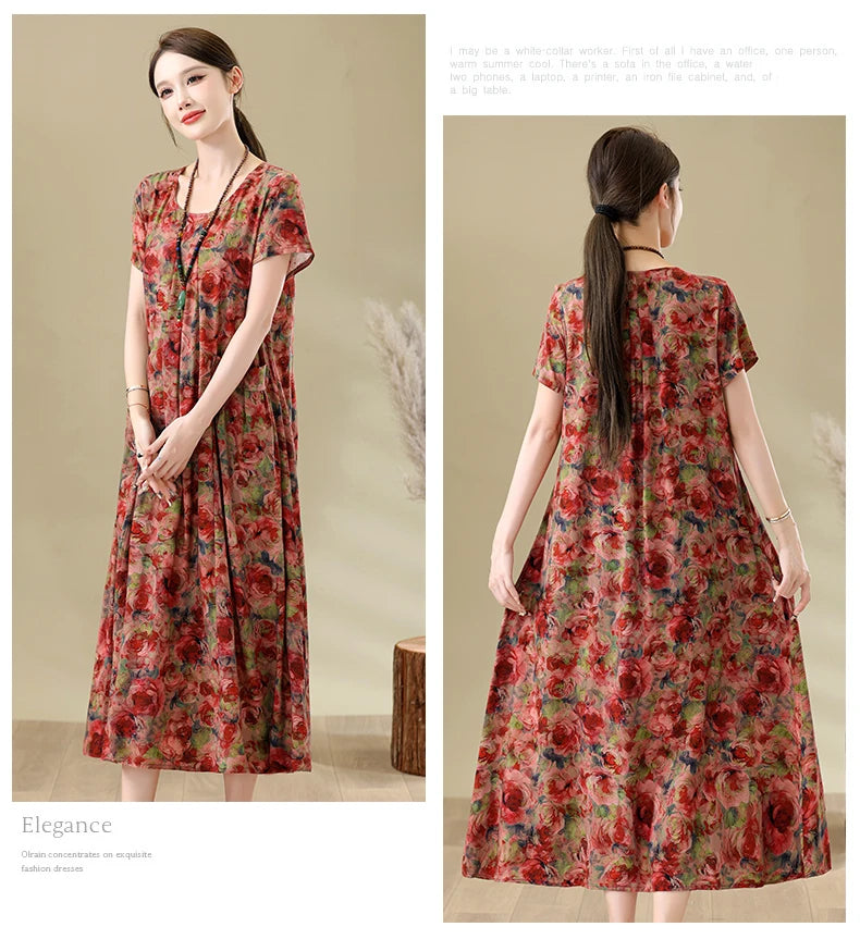New Fashion Casual Summer Dresses For Women 2026 Loose Plus Size Clothes Elegant printting O-neck Short Sleeve Woman Clothing