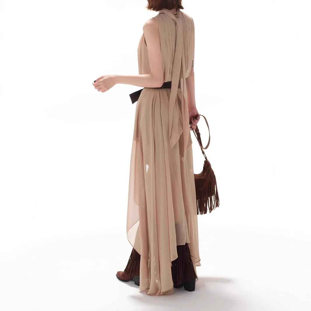 Elegant Casual Sleeveless Chiffon Vest Dress Original Design Long Skirt Drifting Hemline Polyester Fabric Shirt Pattern Stitc...