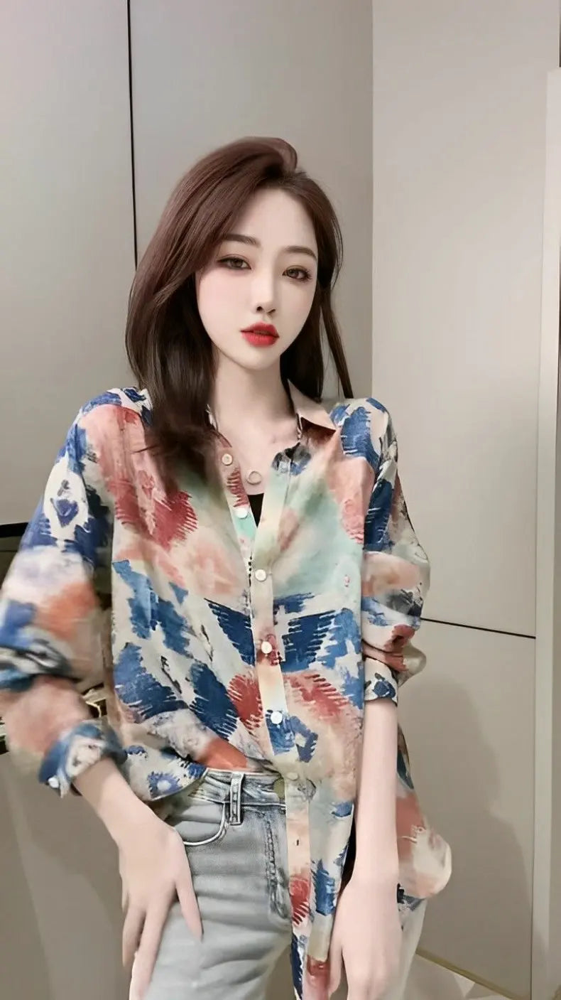 Spring 2026 Floral Print Loose Long Sleeve Women's Shirt Fashionable Versatile Korean Style Commute Polonaise Polyester Fiber