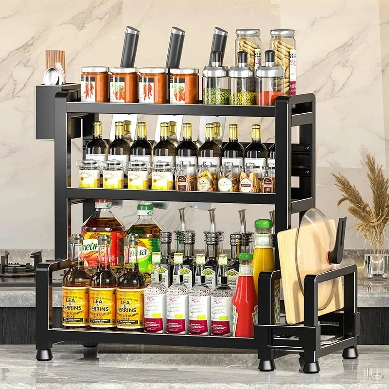 Estante metálico para especias de 2-3 niveles ajustable, organizador de almacenamiento de cocina multifuncional de pie con dispositivo de fijación, soporte para cuchillos