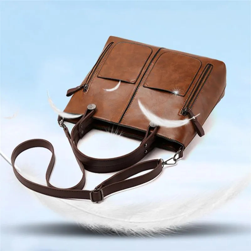 Retro Leather Handbag Shoulder Bag for Women with Double Pocket, Large Capacity, Vintage Lady's Tote Bag, Simple Crossbody Bags