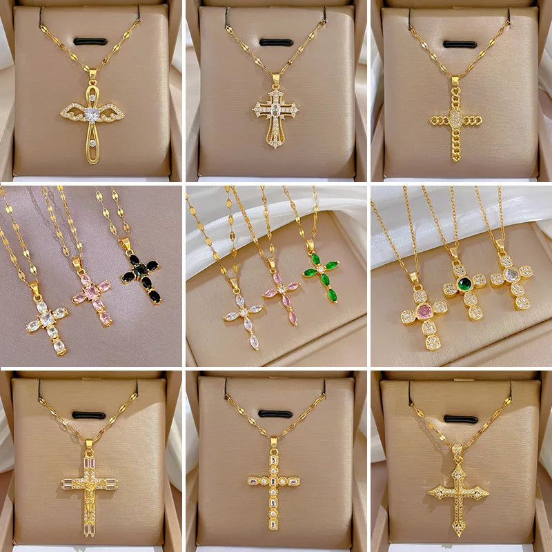 Full Zircon Cross Necklace for Women Gold Color Anti-Tarnish Titanium Steel Jewelry