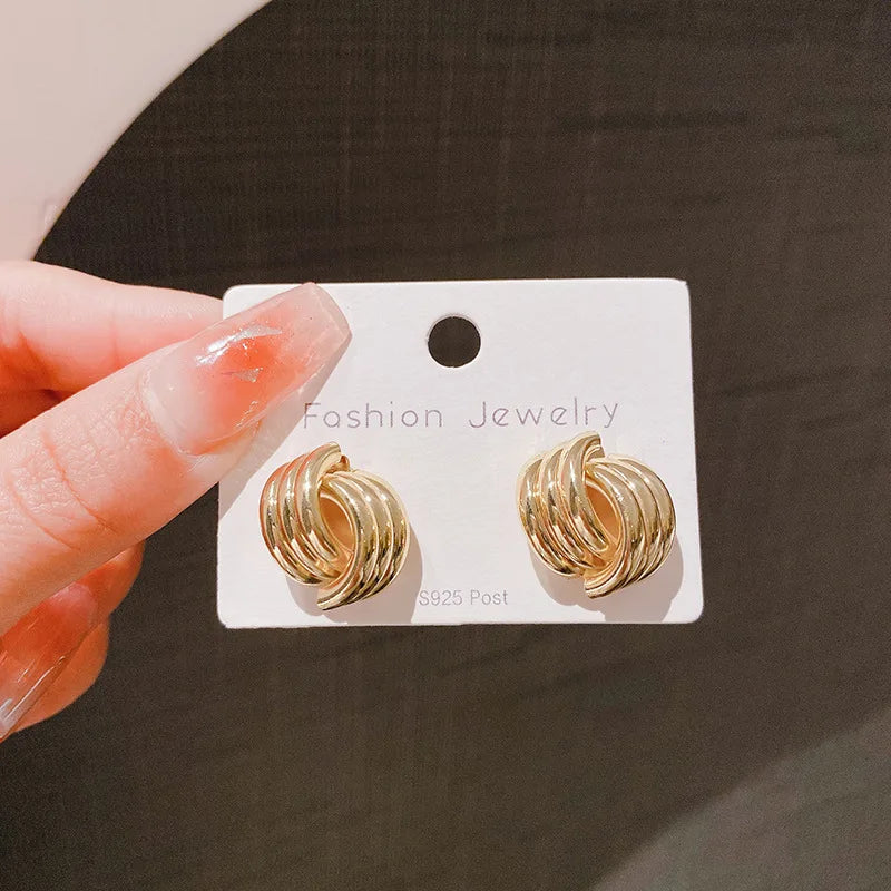 Fashion Glossy Three-Layer Textured Intersecting Knot Earrings For Women'S Gold Color Stainless Steel Earring Vintage Jewelry